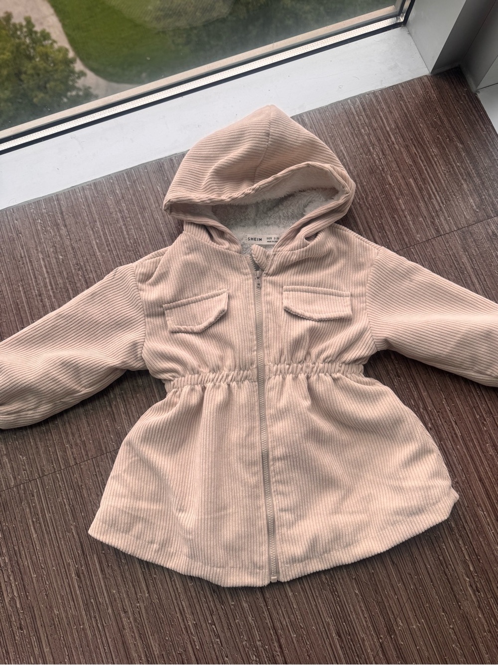 SHEIN Kids Hooded Corduroy Jacket in Light Pink Beige